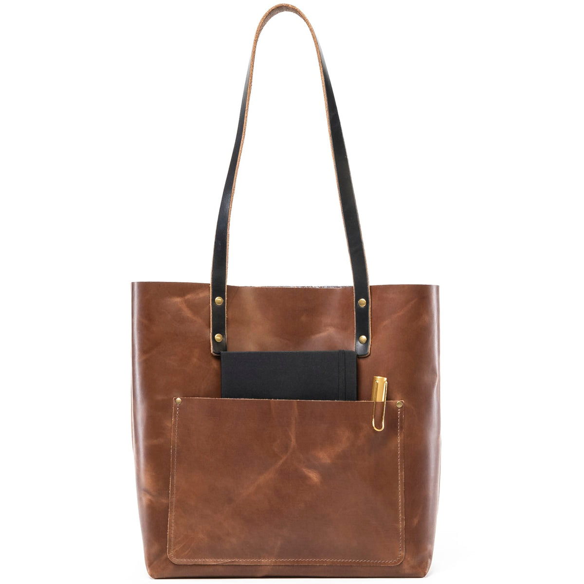 Heritage Brown leather tote with outside pocket on a white background